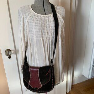 Leather Crossbody Made in Guatemala Hand Stitched Upcycled Black Burgundy Boho